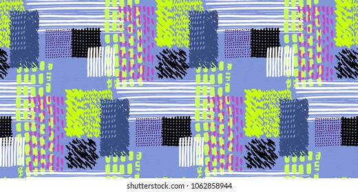 Memphis seamless  pattern in retro style. Doodle pattern hand-drawn pen, ink, chalk.  Fabric patchwork.