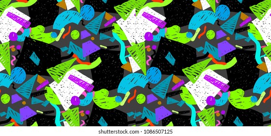 Memphis seamless  pattern in retro style. Doodle pattern hand-drawn pen, ink, chalk. 