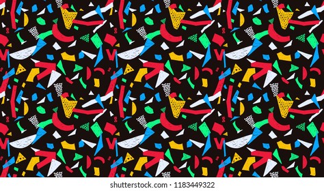Memphis seamless pattern in retro style. Doodle pattern hand-drawn pen, ink, chalk. Wallpapers scattered cutting elements.