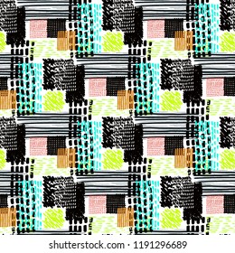 Memphis seamless  pattern in retro style. Doodle pattern hand-drawn pen, ink, chalk.  Fabric patchwork.