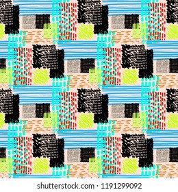 Memphis seamless  pattern in retro style. Doodle pattern hand-drawn pen, ink, chalk.  Fabric patchwork.