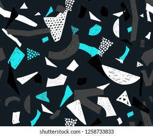Memphis seamless pattern in retro style. Doodle pattern hand-drawn pen, ink, chalk. Wallpapers scattered cutting elements.