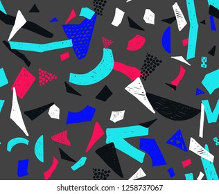 Memphis seamless pattern in retro style. Doodle pattern hand-drawn pen, ink, chalk. Wallpapers scattered cutting elements.
