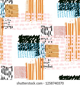 Memphis seamless  pattern in retro style. Doodle pattern hand-drawn pen, ink, chalk.  Fabric patchwork.