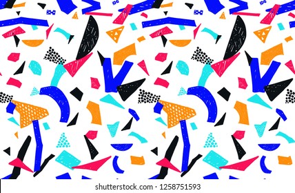 Memphis seamless pattern in retro style. Doodle pattern hand-drawn pen, ink, chalk. Wallpapers scattered cutting elements.