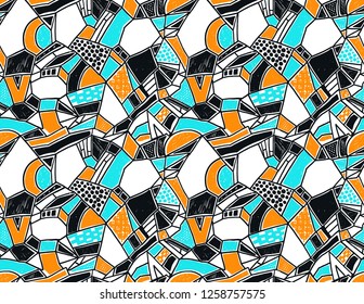 Memphis seamless pattern in retro style. Doodle pattern hand-drawn pen, ink, chalk. Wallpapers scattered cutting elements.
