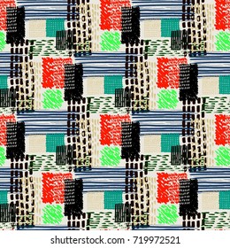 Memphis seamless  pattern in retro style. Doodle pattern hand-drawn pen, ink, chalk.  Fabric patchwork.