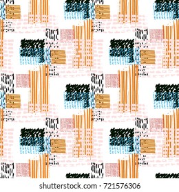 Memphis seamless  pattern in retro style. Doodle pattern hand-drawn pen, ink, chalk.  Fabric patchwork.