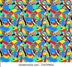 Memphis seamless pattern in retro style. Doodle pattern hand-drawn pen, ink, chalk. Wallpapers scattered cutting elements.