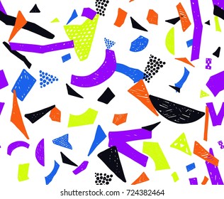 Memphis seamless pattern in retro style. Doodle pattern hand-drawn pen, ink, chalk. Wallpapers scattered cutting elements.