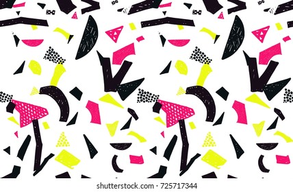 Memphis seamless pattern in retro style. Doodle pattern hand-drawn pen, ink, chalk. Wallpapers scattered cutting elements.
