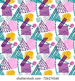 Memphis seamless  pattern in retro style. Doodle pattern hand-drawn pen, ink, chalk. 