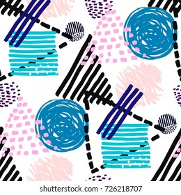 Memphis seamless  pattern in retro style. Doodle pattern hand-drawn pen, ink, chalk. 