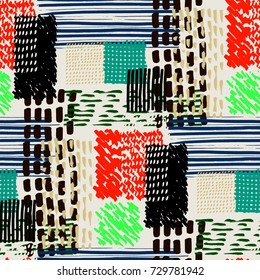 Memphis seamless  pattern in retro style. Doodle pattern hand-drawn pen, ink, chalk.  Fabric patchwork.