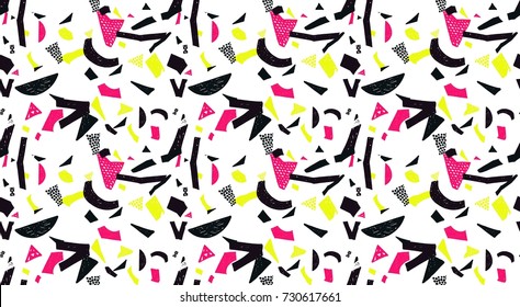 Memphis seamless pattern in retro style. Doodle pattern hand-drawn pen, ink, chalk. Wallpapers scattered cutting elements.