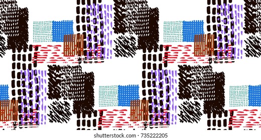 Memphis seamless  pattern in retro style. Doodle pattern hand-drawn pen, ink, chalk.  Fabric patchwork.