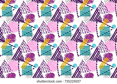 Memphis seamless  pattern in retro style. Doodle pattern hand-drawn pen, ink, chalk. 
