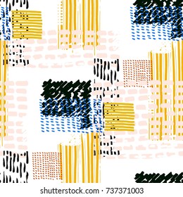 Memphis seamless  pattern in retro style. Doodle pattern hand-drawn pen, ink, chalk.  Fabric patchwork.