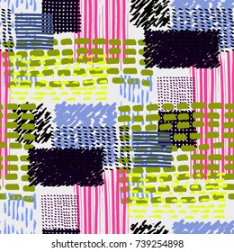 Memphis seamless  pattern in retro style. Doodle pattern hand-drawn pen, ink, chalk.  Fabric patchwork.
