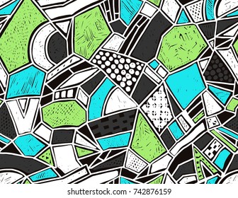 Memphis seamless pattern in retro style. Doodle pattern hand-drawn pen, ink, chalk. Wallpapers scattered cutting elements.