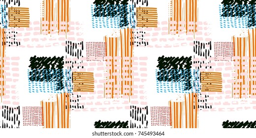 Memphis seamless  pattern in retro style. Doodle pattern hand-drawn pen, ink, chalk.  Fabric patchwork.