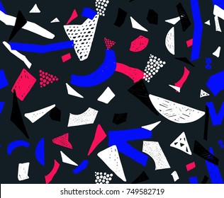 Memphis seamless pattern in retro style. Doodle pattern hand-drawn pen, ink, chalk. Wallpapers scattered cutting elements.