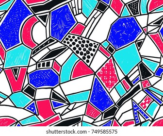 Memphis seamless pattern in retro style. Doodle pattern hand-drawn pen, ink, chalk. Wallpapers scattered cutting elements.