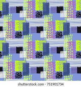 Memphis seamless  pattern in retro style. Doodle pattern hand-drawn pen, ink, chalk.  Fabric patchwork.