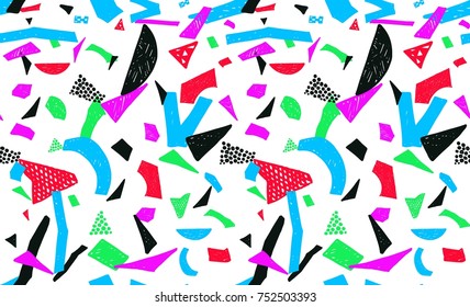 Memphis seamless pattern in retro style. Doodle pattern hand-drawn pen, ink, chalk. Wallpapers scattered cutting elements.