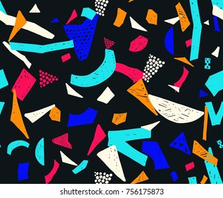 Memphis seamless pattern in retro style. Doodle pattern hand-drawn pen, ink, chalk. Wallpapers scattered cutting elements.