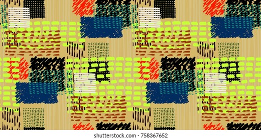 Memphis seamless  pattern in retro style. Doodle pattern hand-drawn pen, ink, chalk.  Fabric patchwork.