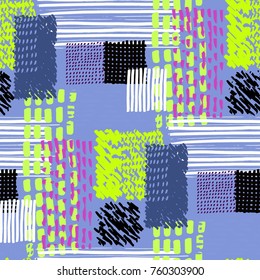 Memphis seamless  pattern in retro style. Doodle pattern hand-drawn pen, ink, chalk.  Fabric patchwork.