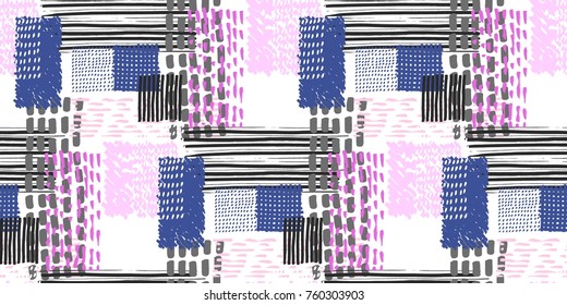 Memphis seamless  pattern in retro style. Doodle pattern hand-drawn pen, ink, chalk.  Fabric patchwork.