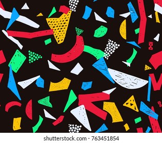 Memphis seamless pattern in retro style. Doodle pattern hand-drawn pen, ink, chalk. Wallpapers scattered cutting elements.