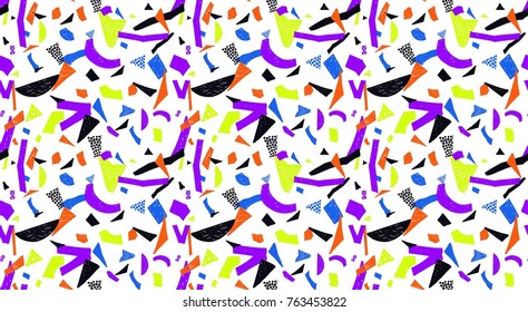 Memphis seamless pattern in retro style. Doodle pattern hand-drawn pen, ink, chalk. Wallpapers scattered cutting elements.