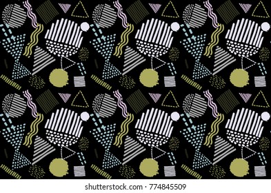 Memphis seamless  pattern in retro style. Doodle pattern hand-drawn pen, ink, chalk. Ethnic, folk, tribal.