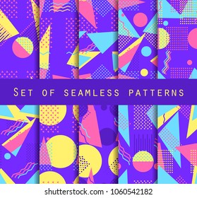 Memphis seamless pattern set. Geometric elements memphis in the style of 80's. Vector illustration