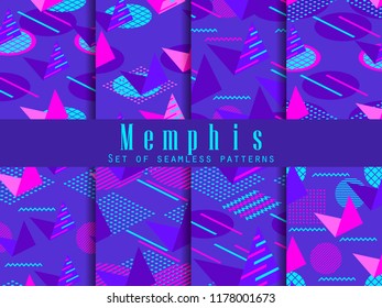 Memphis seamless pattern set. Geometric elements memphis in style of 80s. Isometric figures. Great for brochures, promotional material and wallpaper. Vector illustration