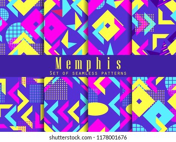 Memphis seamless pattern set. Geometric elements memphis in style of 80s. Isometric figures. Great for brochures, promotional material and wallpaper. Vector illustration