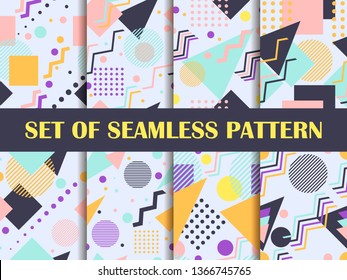 Memphis seamless pattern set. Geometric elements memphis in the style of 80's. Pastel colors. Vector illustration