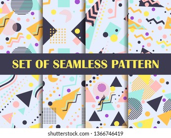 Memphis seamless pattern set. Geometric elements memphis in the style of 80's. Pastel colors. Vector illustration