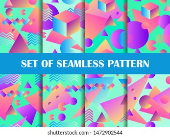 Memphis seamless pattern set. Geometric shapes with gradient in the style of 80s, isometric. Vector illustration