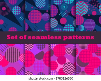 Memphis seamless pattern set with geometric shapes in the style of the 80s. Eighties print colorful background for promotional products, wrapping paper and printing. Vector illustration