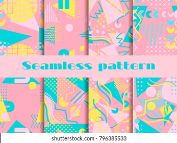 Memphis Seamless Pattern Set. Geometric Elements Memphis In The Style Of 80's. Pastel Colors. Vector Illustration