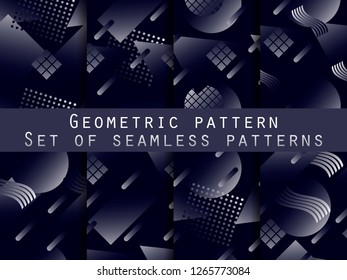Memphis seamless pattern set with gradient. Geometric elements memphis in the style of 80s. Vector illustration