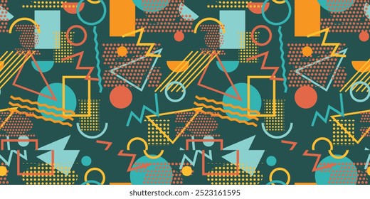 Memphis seamless pattern with simple geometric shapes with yellow, orange, green, red colors