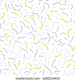 Patrón sin fisuras de Memphis. Bandas flexibles, cintas abstractas dibujadas a mano, coloridas sobre un fondo blanco. Moda 80-90. Vector ideal para textiles, tejidos, papel digital.