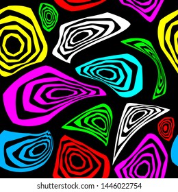 Memphis seamless pattern in the style of 80's. Bright color elements on a dark background.