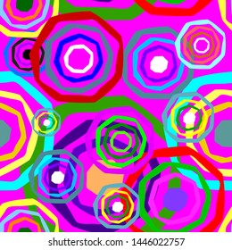 Memphis seamless pattern in the style of 80's. Bright color elements on a pink background.