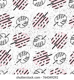 Memphis Seamless Pattern with Tropical Leaves and Stripes.Trendy Abstract Background for Fashion Design , Vector Illustration ,Wrapping Paper ,Fabric,Postcard,Poster,Party,Wallpaper,Goods ,Brochure